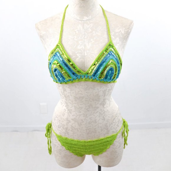 Luxury Handmade S Crochet Sequin Bikini Green - Picture 8 of 13
